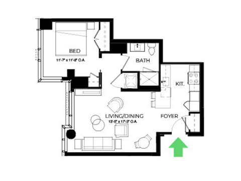 Floor plan for 1 bed, 1 bath, 713 sqft